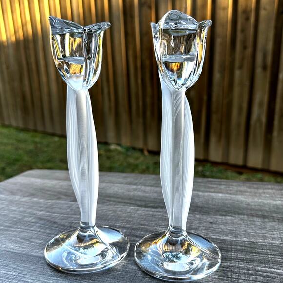 Mikasa Crystal Spring Aria Clear and Frosted Leaf Candle Holders-Set of 2 - Picture 2 of 5